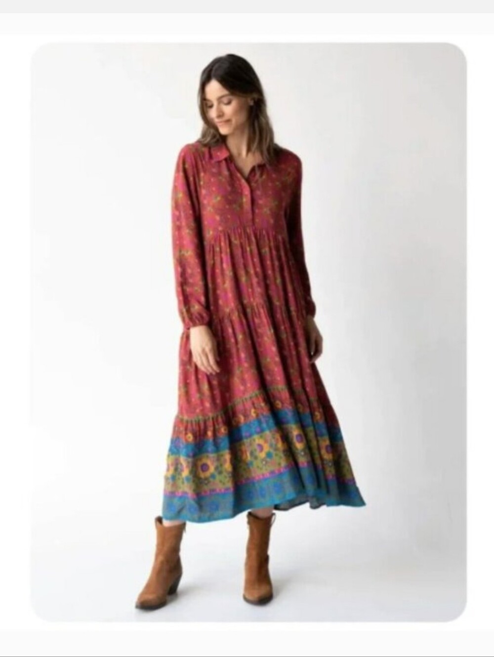 Nwt NATURAL LIFE Rebecca Long Sleeve Midi Dress Sunflowers Boho Red Clay